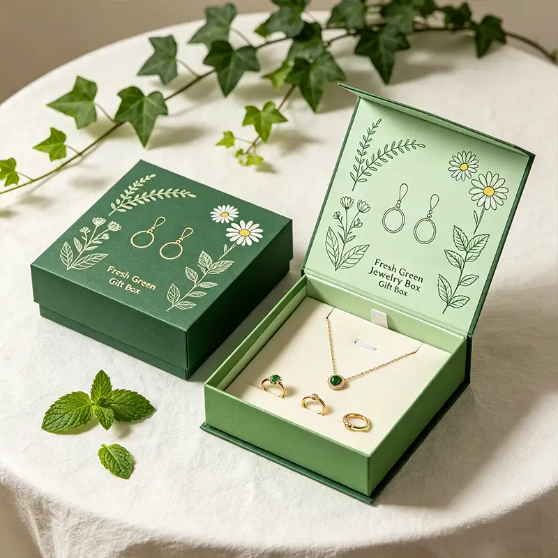 Green Recyclable Paperboard Folding Jewelry Box with Gold Magnetic Jewellery Gift Boxes Set Packaging High End 1
