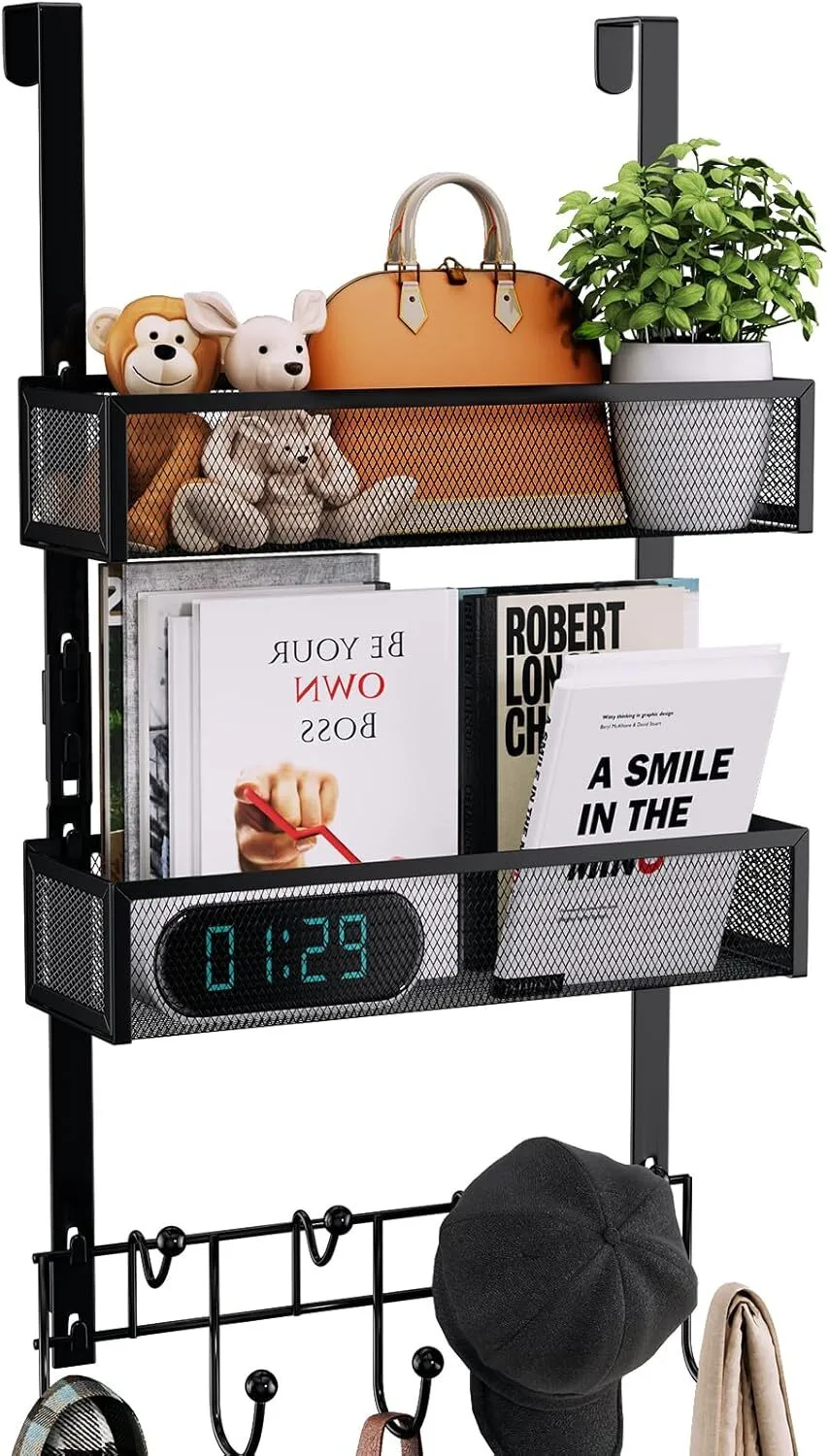 Penggantung Pakaian di Balik Pintu - Gantungan Pintu Ekstra Panjang dengan 9 Kait Mantel &amp; 2 Keranjang Jaring, Organizer Penyimpanan Belakang untuk Menggantung Handuk di Kamar Mandi, Kamar Tidur, Hitam (untuk Pintu 1,76 inci) 1