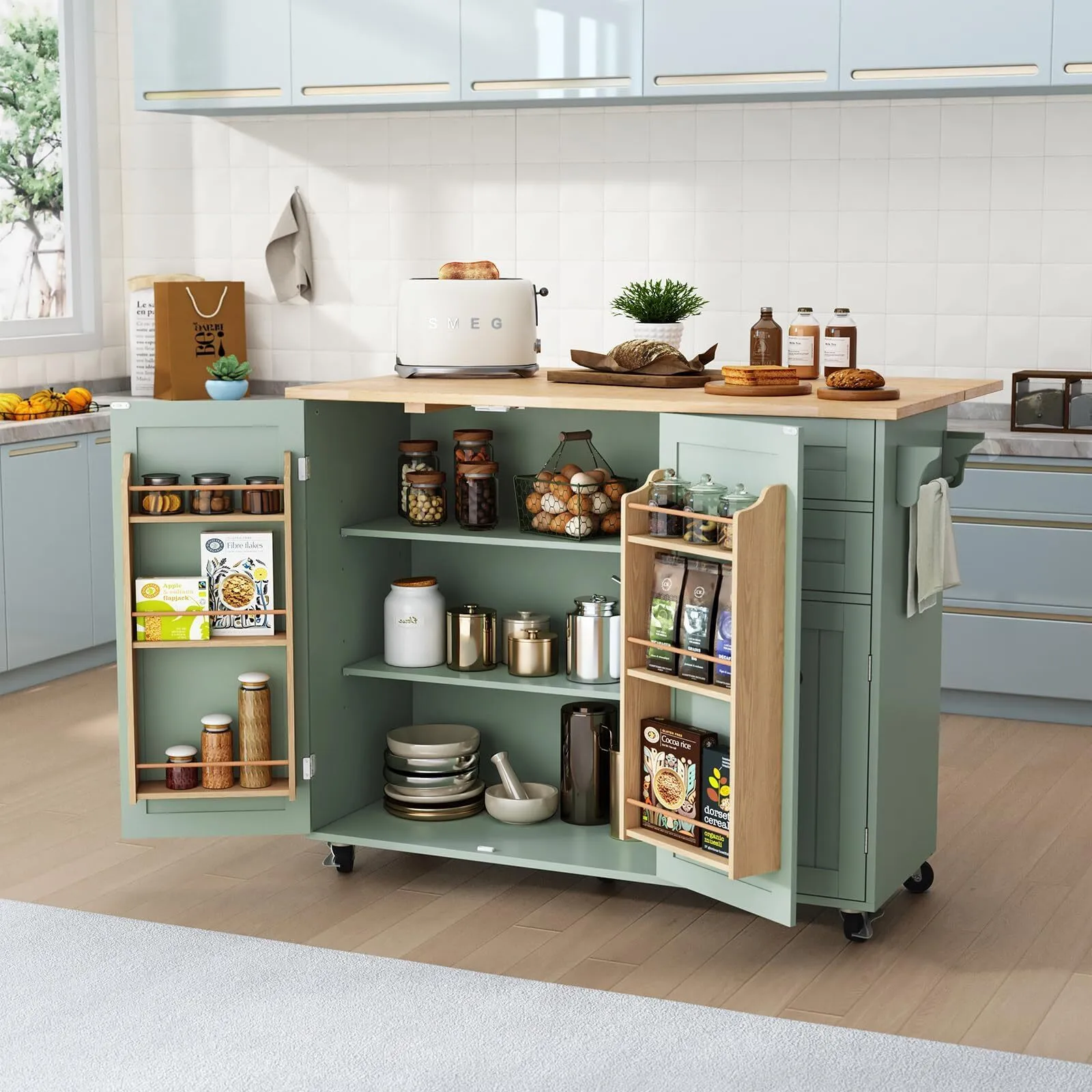 Combohome Modern Eco-Friendly Kitchen Island with Storage Sage Green Rolling Kitchen Cart on Wheels Drop-Leaf Bar Countertop 1