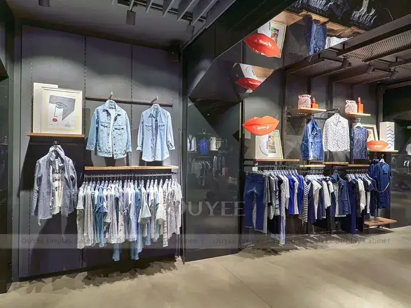 Espositore da parete in legno per abbigliamento maschile con camicie blu. 1