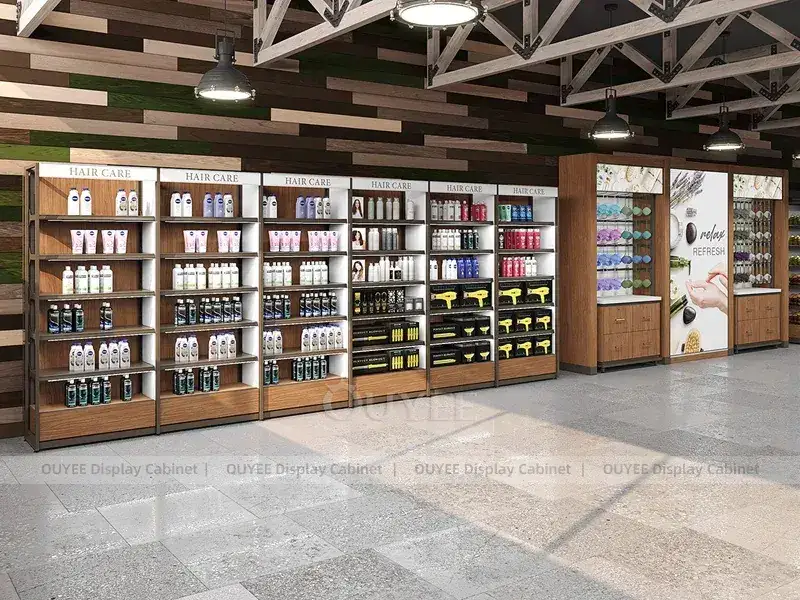 Arredamento per negozio di cosmetici in legno con tavolino centrale 1