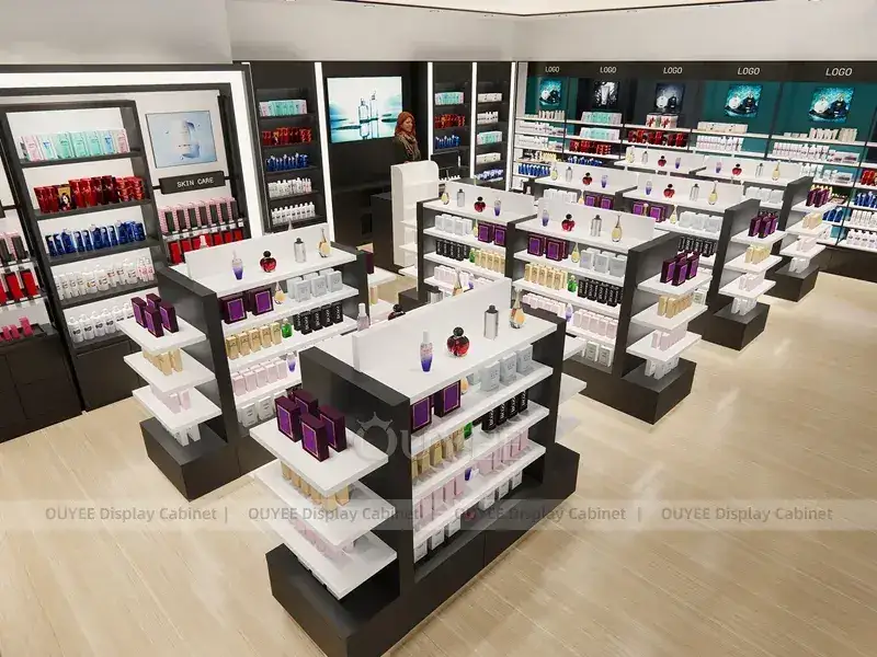 تصميم متجر مستحضرات تجميل أبيض وأسود مع أرفف محيطية 1