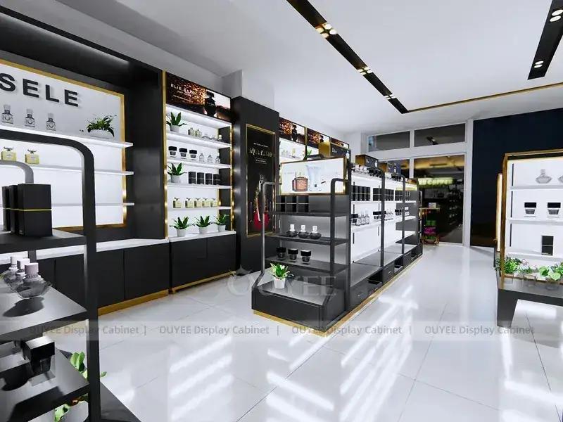 Negozio di cosmetici Black White con gondole sull'isola 1