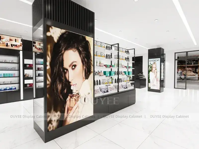 Negozio di cosmetici Givenchy nero con mensole a muro 1
