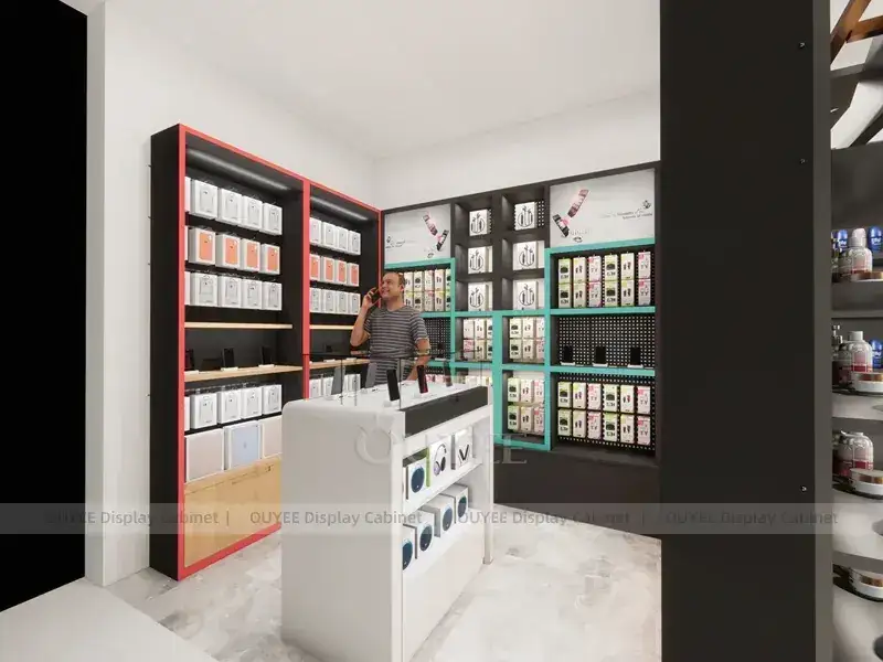 Layout di un negozio di cosmetici in nero e rosso con gondole angolate 1