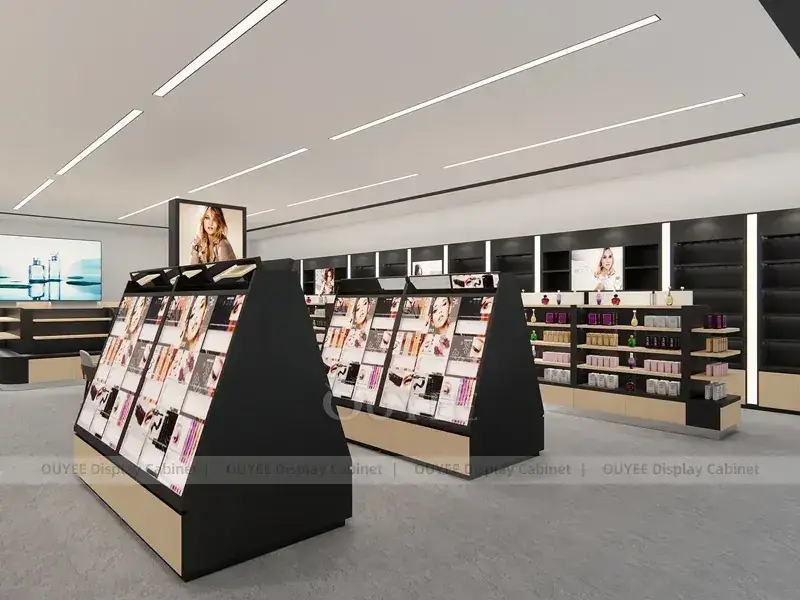 Layout di un negozio di cosmetici in bianco e nero con area salotto. 1