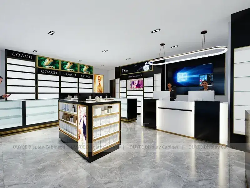 Boutique de beauté blanche inspirée de Dior avec comptoir de service 1