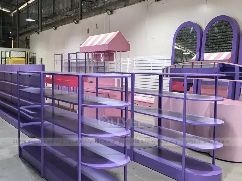 Scaffalatura cosmetica a gondola arrotondata viola 1