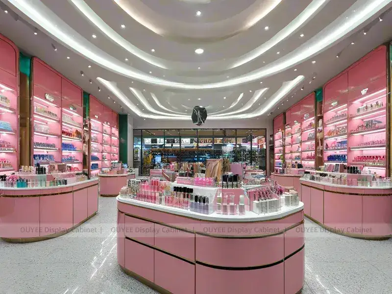 Loja de cosméticos rosa com ilha central oval 1