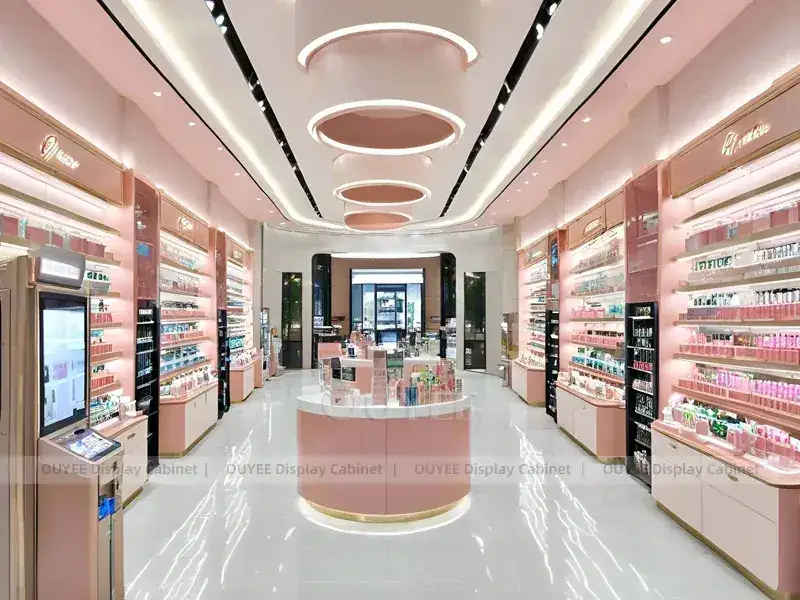 Negozio di cosmetici rosa tenue con archi a parete 1