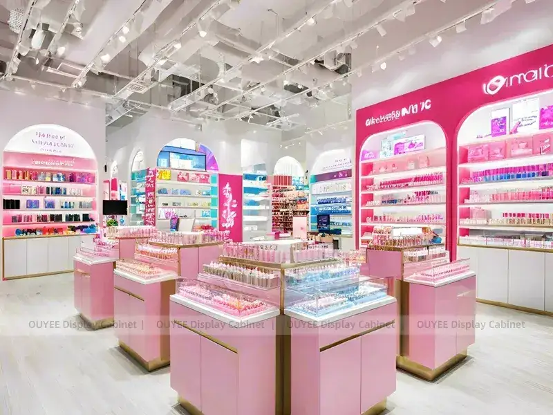 Negozio di cosmetici rosa e bianco con vetrine ad arco. 1