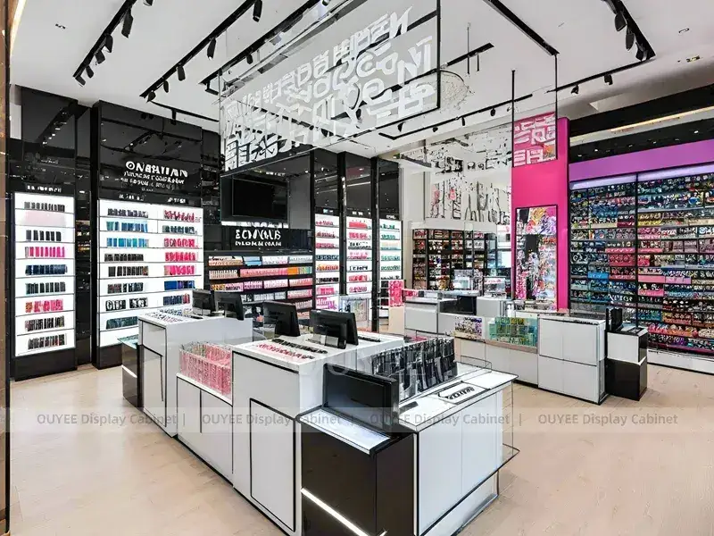 Negozio di cosmetici in bianco e nero con scaffali a parete colorati 1