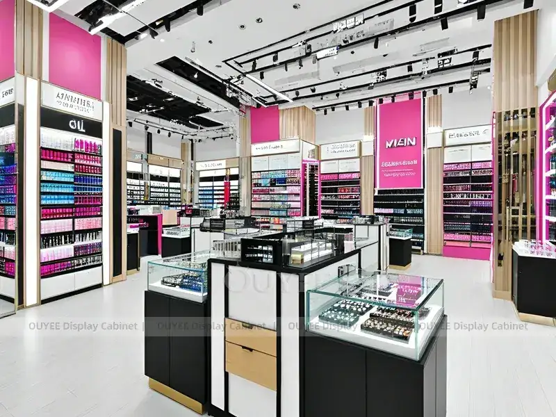 Magasin de cosmétiques gris avec des caissons lumineux muraux roses 1