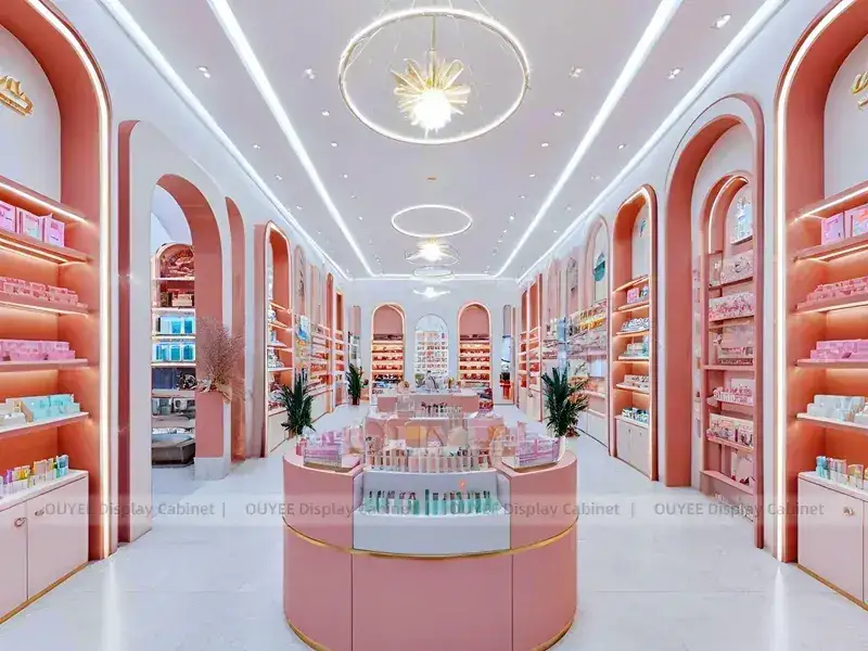Loja de cosméticos rosa coral com prateleiras em arco alongado 1