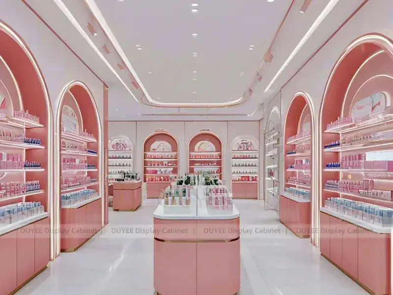 Negozio di cosmetici rosa e bianco con logo sull'isola 1
