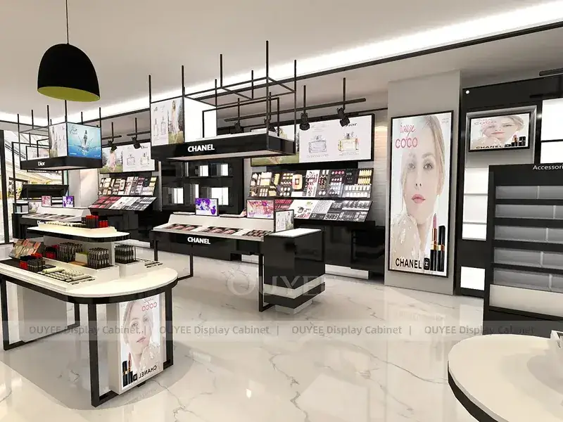Layout di un negozio di cosmetici monocromatico con tester 1