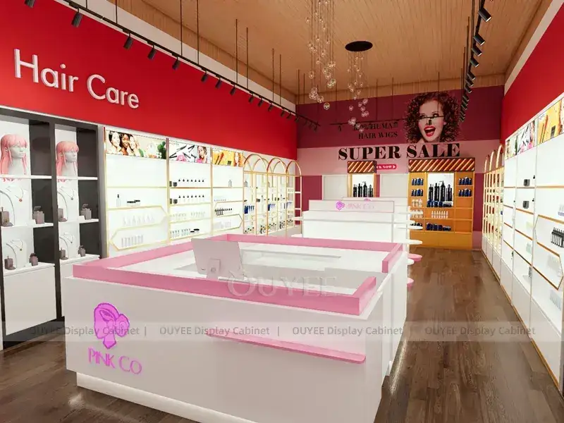 Interior de loja de perucas e produtos para cabelo com balcão de atendimento rosa. 1