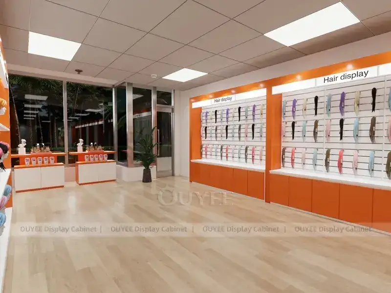 Wandregale für ein Geschäft für orange-weiße Haarverlängerungen 1