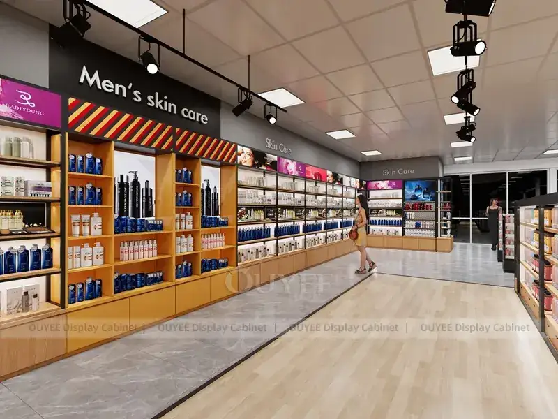 Vitrine preta para loja de perucas com armários de base de madeira. 1
