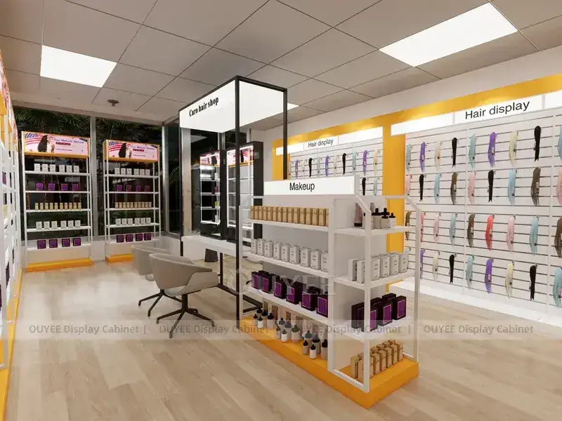 Negozio di extension per capelli giallo-bianche con postazione per lo styling. 1