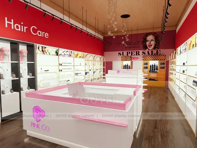 Agencement rose pour magasin de soins capillaires avec comptoir de service incurvé 1