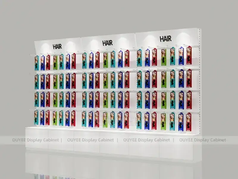 Prateleiras de parede para amostras de cores de cabelo branco com cabeçalhos com logotipos. 1