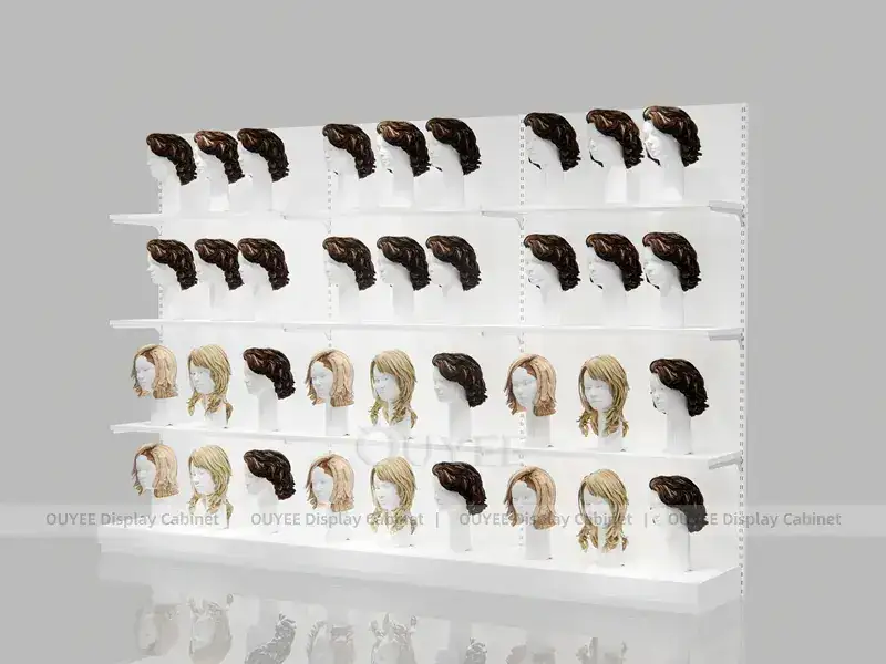 Mobiletto a parete bianco per esposizione di parrucche con cassetti e base in legno. 1