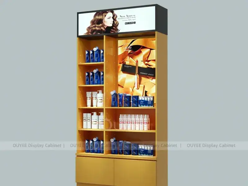 Vitrine de parede dourada para produtos capilares com placa de cabeçalho 1