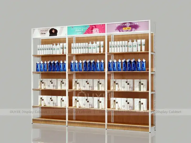 Étagères pour produits capillaires à base en bois avec panneaux muraux blancs 1