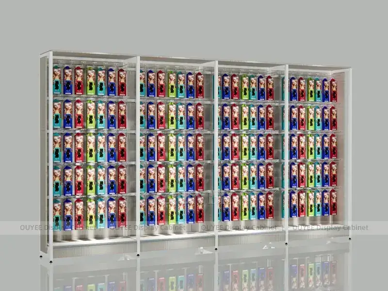 Grande painel de amostras de coloração capilar com vitrines brancas. 1