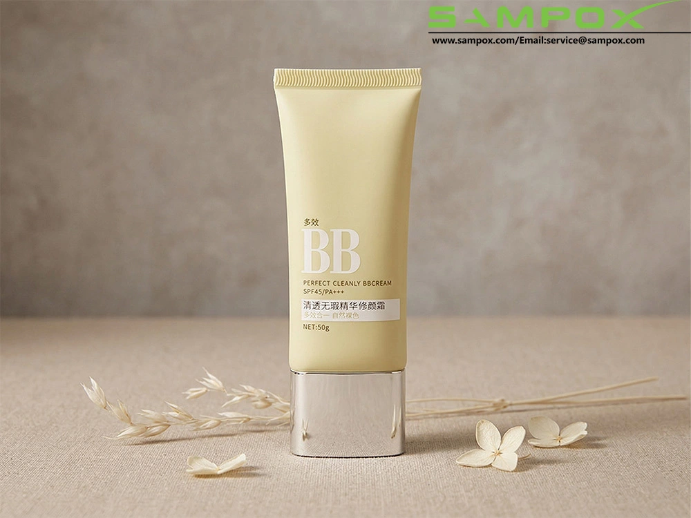 Beige PE Oval BB Cream Tube 50g 35mm with Silver-Plated Cap 1