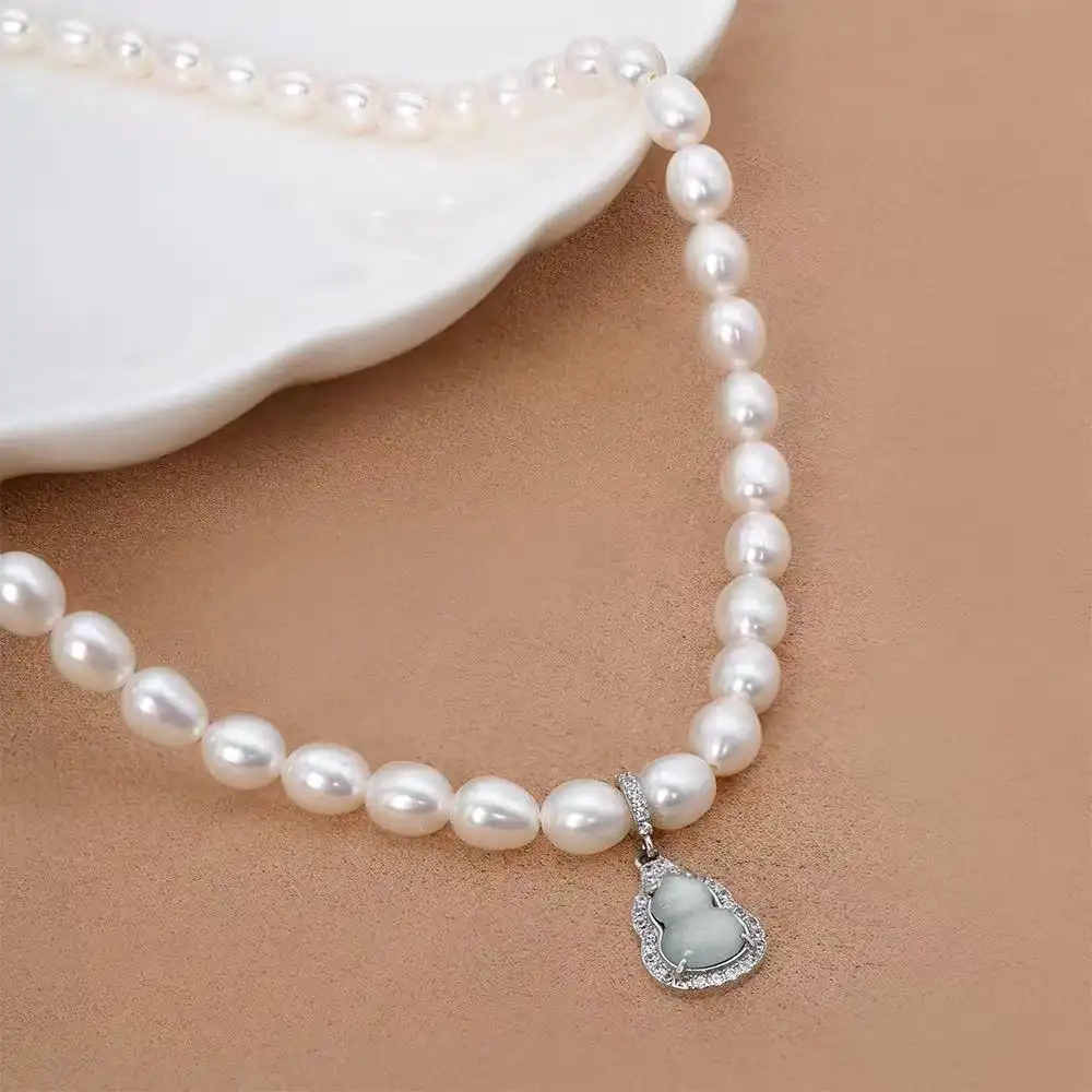 Collar con perlas de agua dulce de 6-7 mm, colgante de calabaza de jade, joyería de plata S925, caja de regalo para mujer. 1