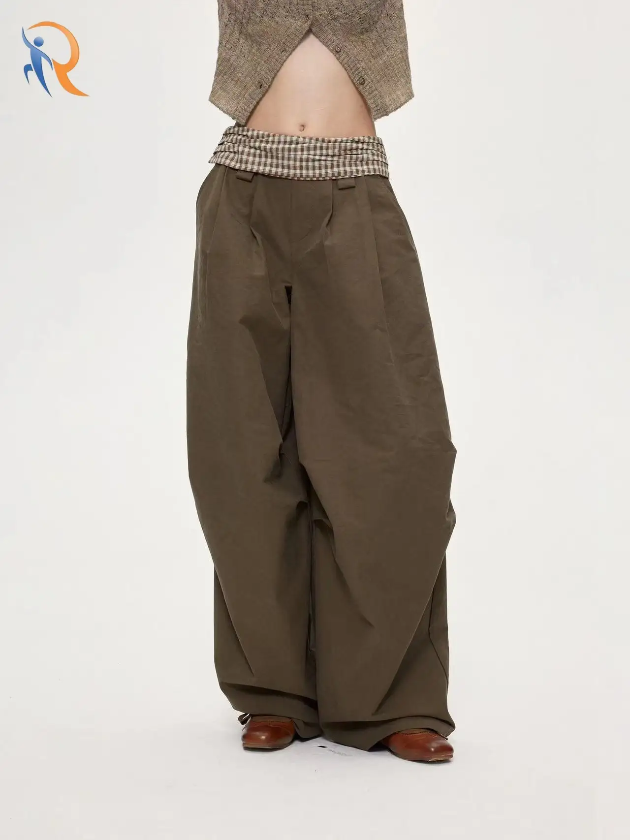 Pieced Waist Retro Three-Dimensional Pleated Design Sense Wide-Leg Long Pants 1