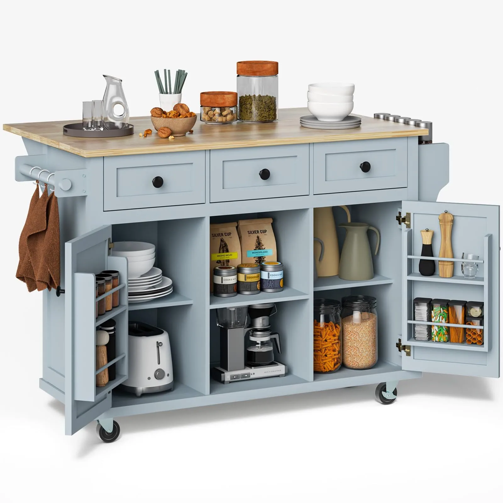 Combohome Modern Eco-Friendly Kitchen Island Cart 53 Rolling Drawers Wheels MDF Material Mobile Portable Storage Cabinet Blue 1