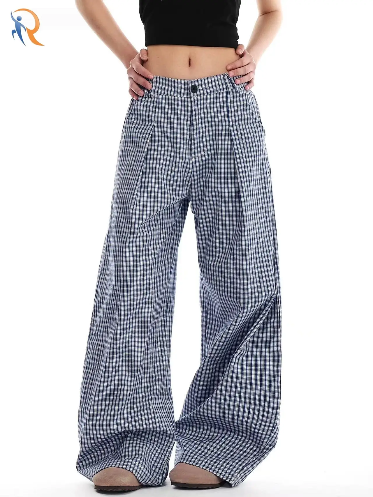 Blue Checkered Wide-Leg Casual Long Pants 1