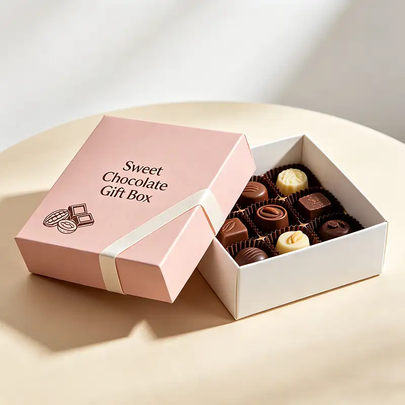 Factory Custom Recyclable Square Creative Pattern Assorted Candy Chocolates Boxes Glossy Lamination Ribbon Covered Chocolate Box 1
