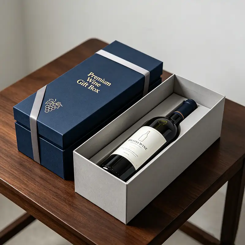 Custom Logo Recyclable Square Single Bottle Gift Boxes with Corrugated Board Packaging Ribbon Wine Box 1