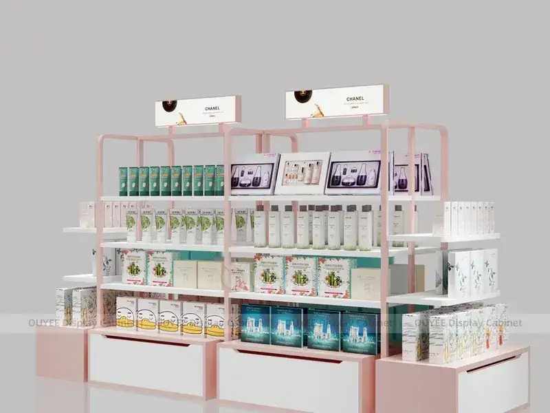 Gondole rose et blanche pour produits de beauté avec étagères latérales 1