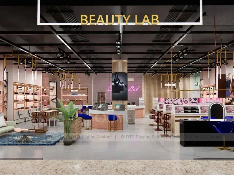 Interior de loja de cosméticos em tons de rosa claro com expositores em colunas redondas. 1