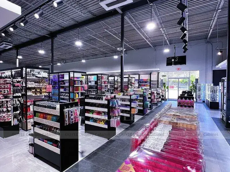 Layout di un negozio di cosmetici in rosa tenue con espositori a tavolo rotondo. 1