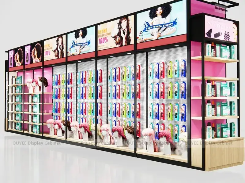 Expositores de loja de extensões de cabelo rosa e branco com adesivos de parede. 1