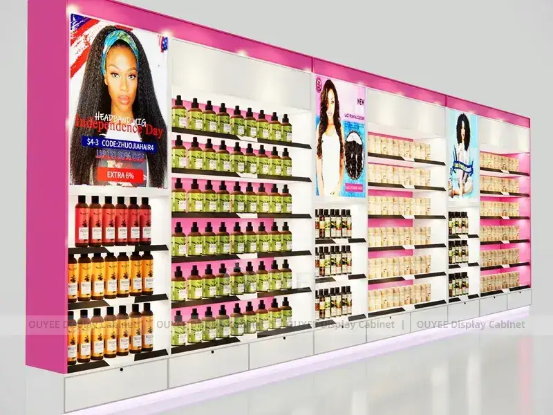 Présentoir mural pour extensions de cheveux roses longs avec cadre noir 1