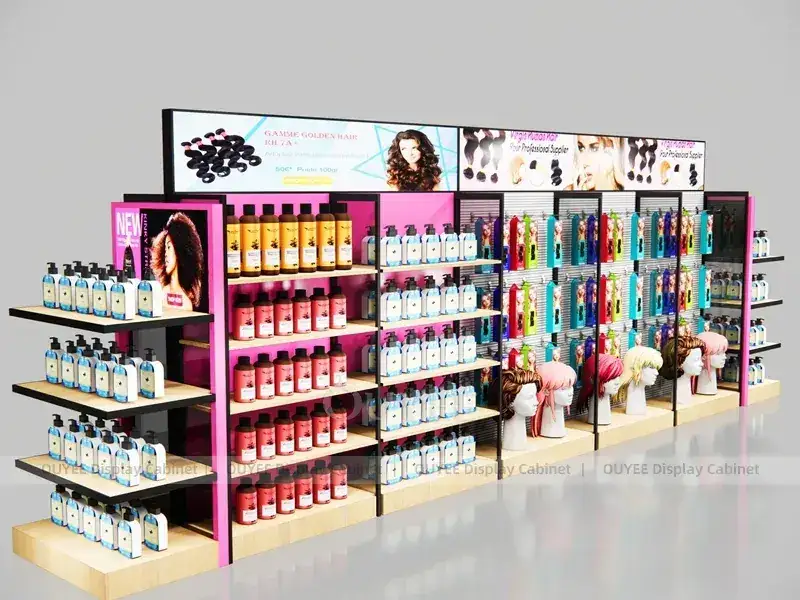 Magasin d'extensions de cheveux roses avec mur et étagères latérales en forme de gondole 1