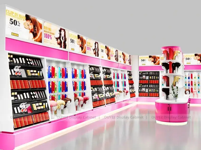 Espositore da parete per extension per capelli rosa con bancone centrale curvo 1