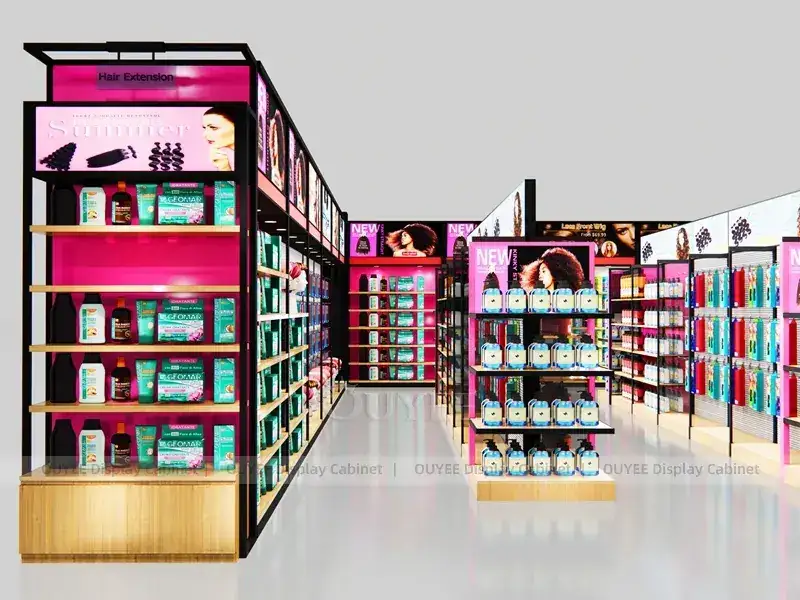 Magasin d'extensions de cheveux Black Pink avec étagères à base en bois 1