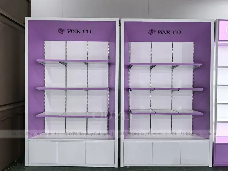 Conjunto de armários de parede rosa-púrpura para exposição de produtos de beleza 1