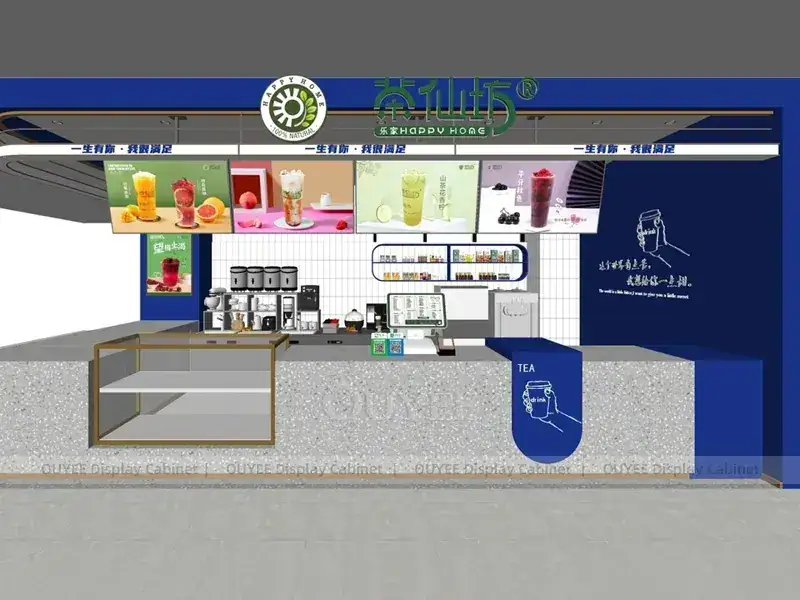 Bancone per bubble tea retroilluminato blu con piano di lavoro in acciaio inox. 1