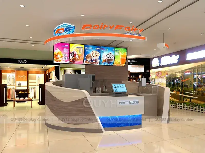 Blauer Eiscreme-Dessertkiosk mit farbiger Speisekarte und abgerundeter Theke 1