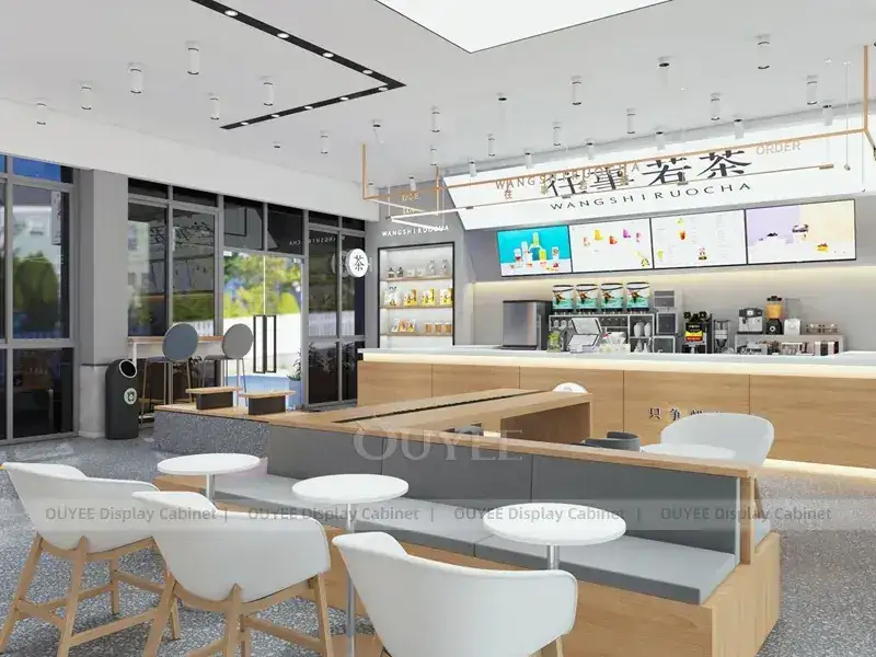 Comptoir de style maison pour boutique de thé au lait avec façade en bois et enseigne ludique 1