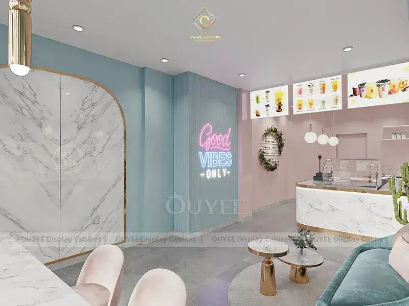 Intérieur d'un café de glaces pastel avec coin salon et comptoir de service blanc 1